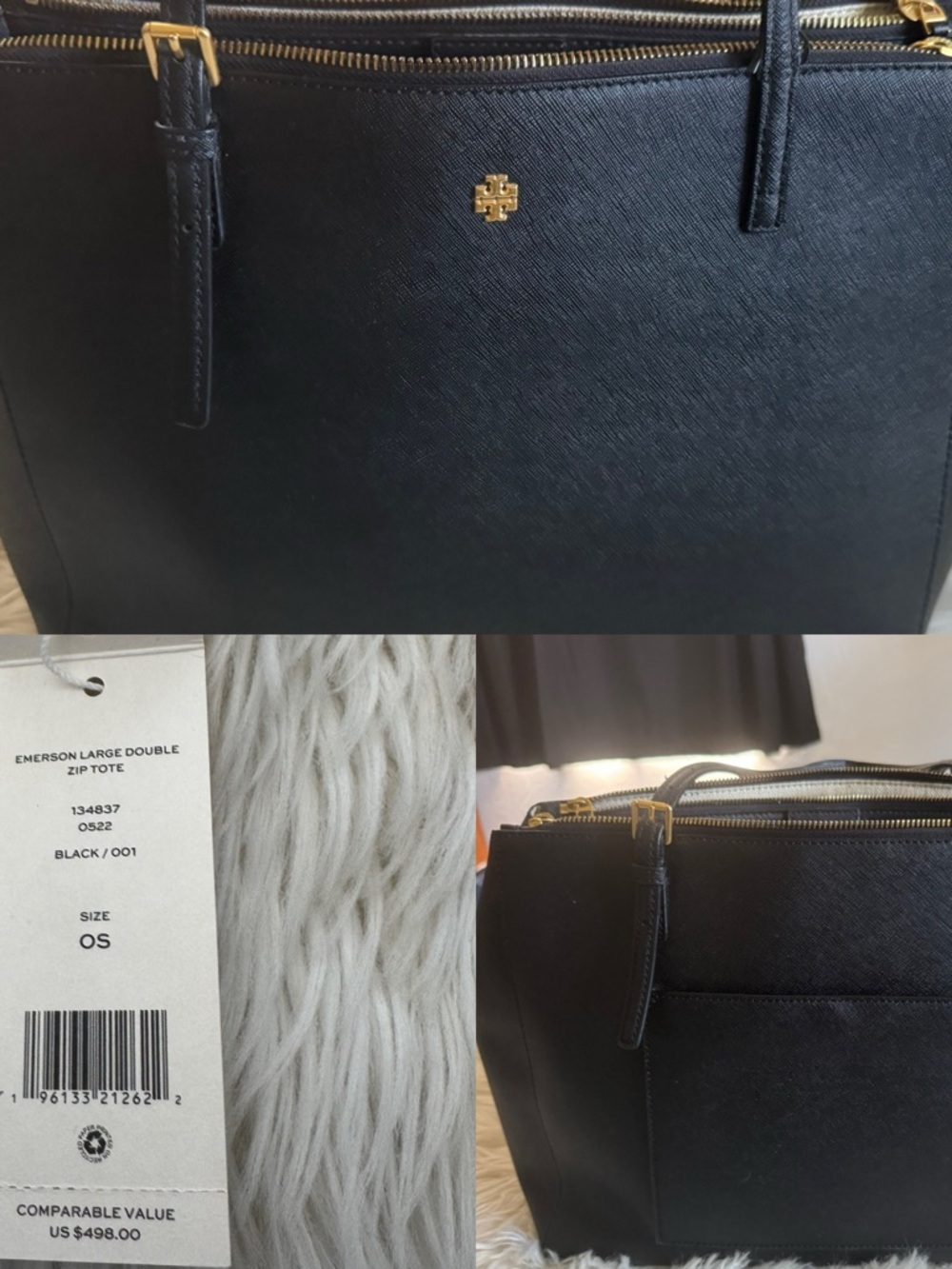Tory Burch Black Double Zip Saffiano Tote with Gold Hardware